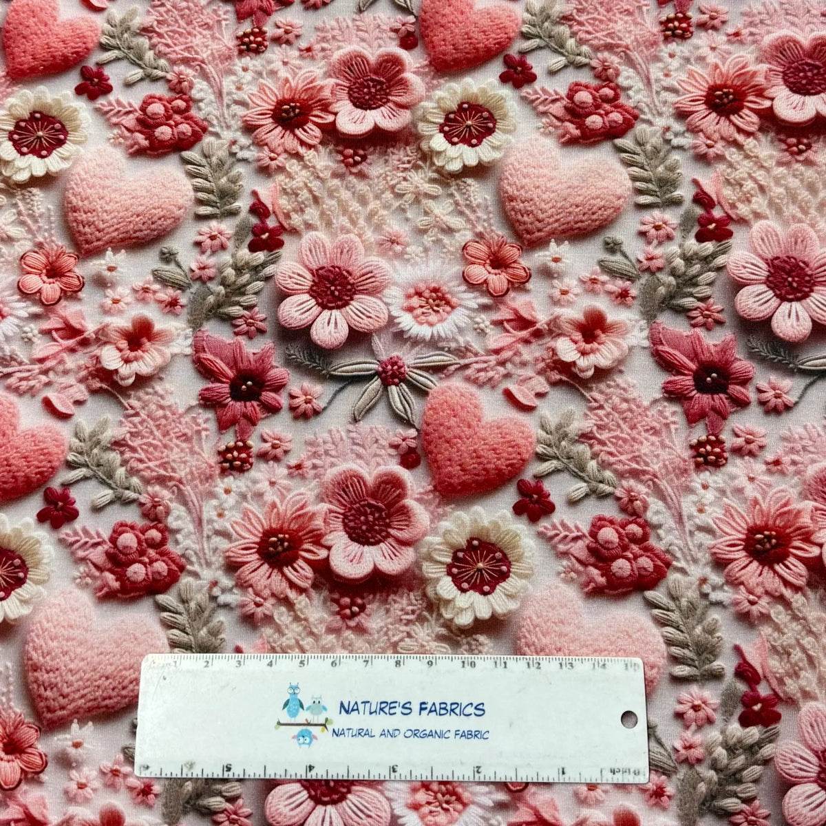 Nature's Fabrics pink floral embroidered fabric with hearts, organic cotton, by the yard