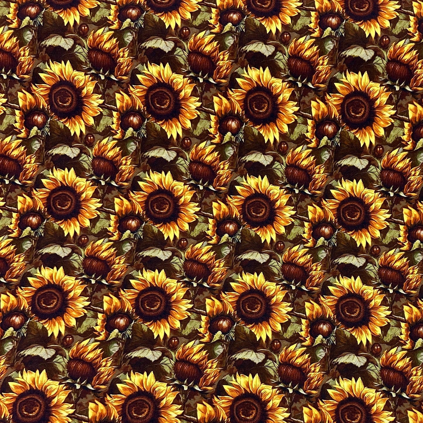 Sunflowers on Brown Bamboo Stretch French Terry Fabric