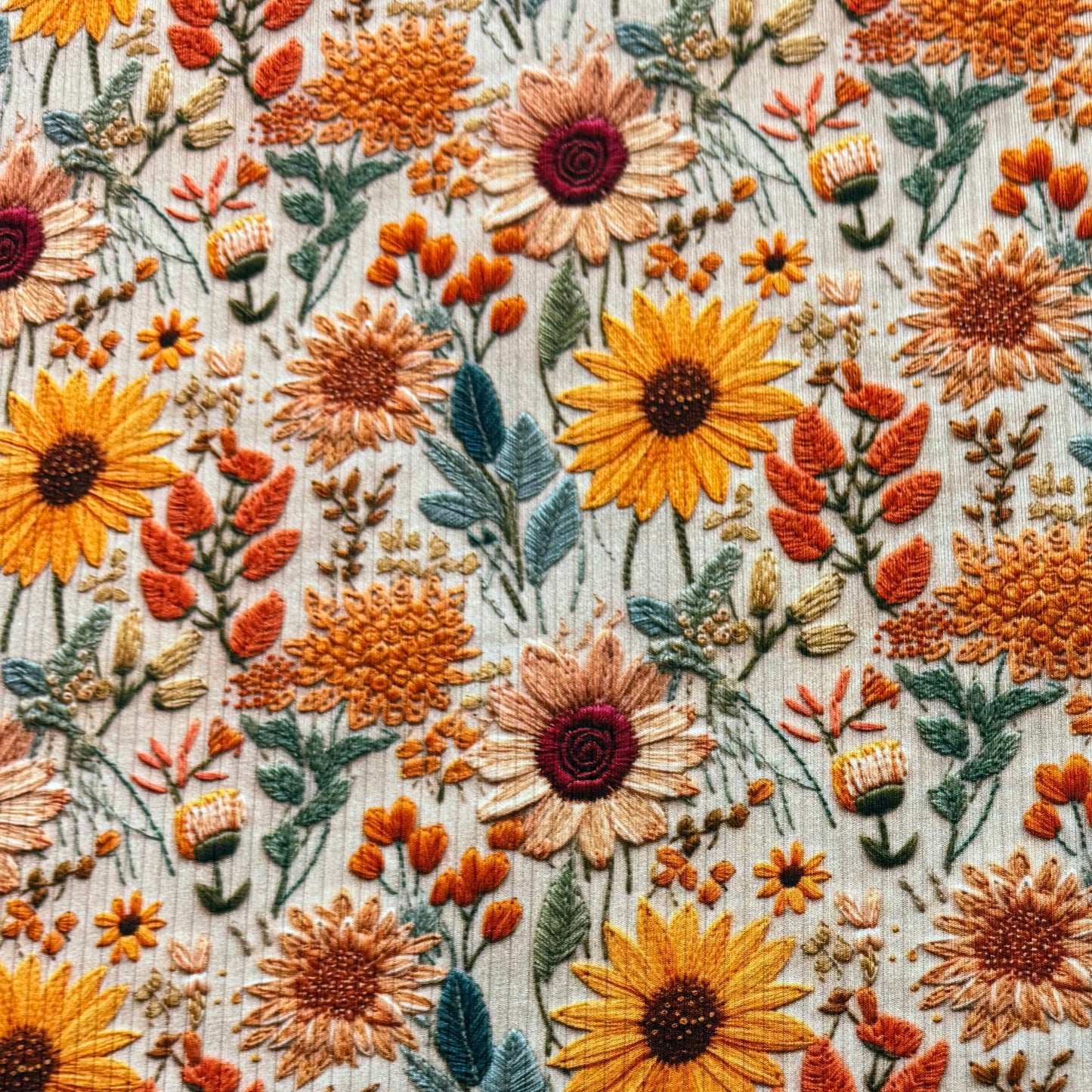 Embroidered Sunflowers on Bamboo/Spandex Rib Knit Fabric