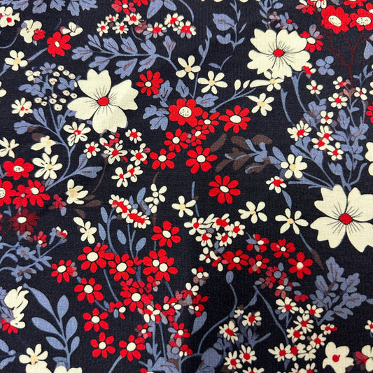 Red, White and Blue Floral on Bamboo/Spandex Jersey Fabric