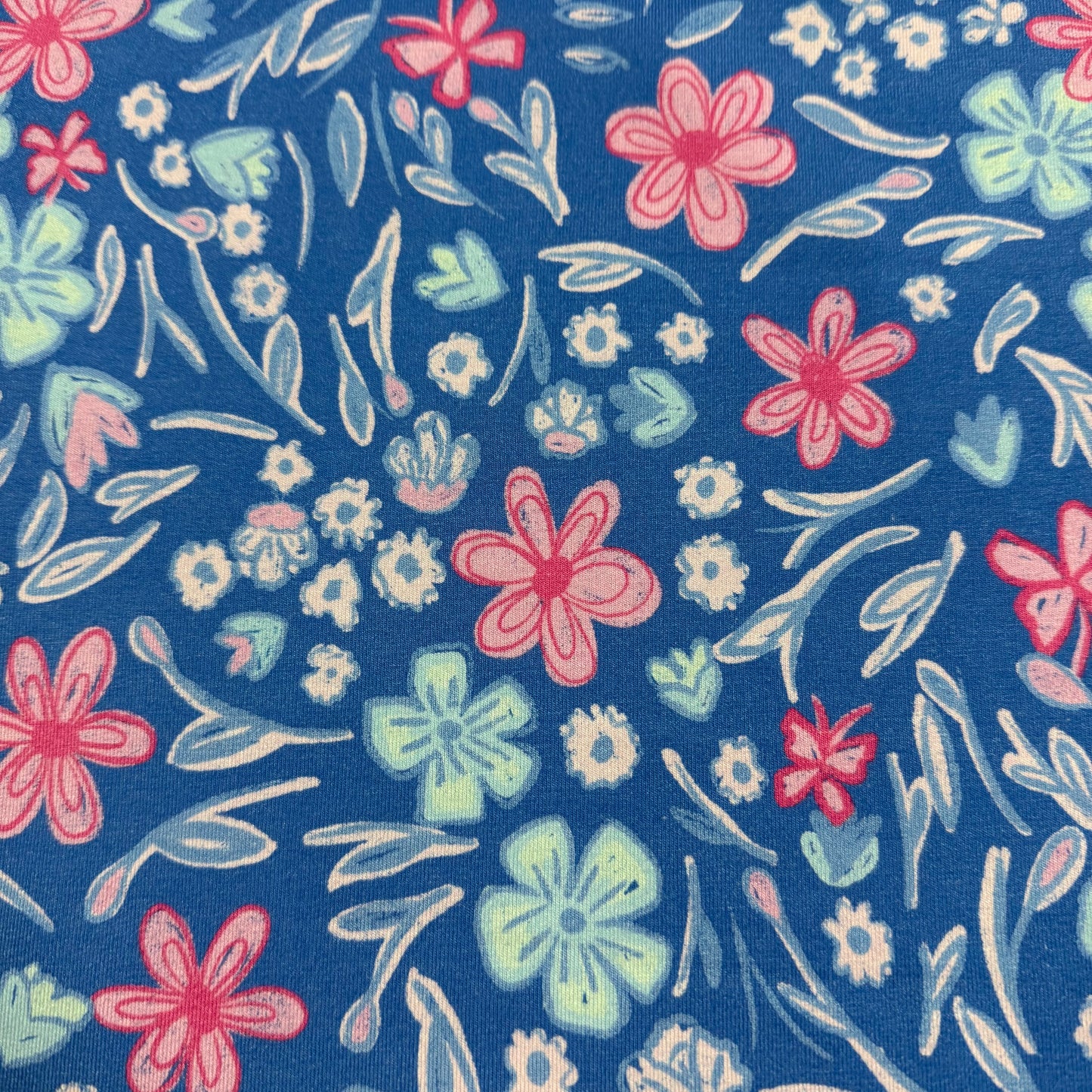 Pink and Blue Floral on Blue Bamboo/Spandex Jersey Fabric - 200GSM
