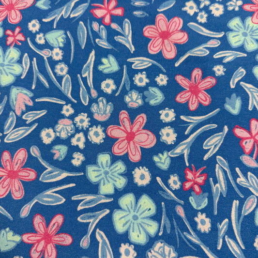 Pink and Blue Floral on Blue Bamboo/Spandex Jersey Fabric - 200 GSM