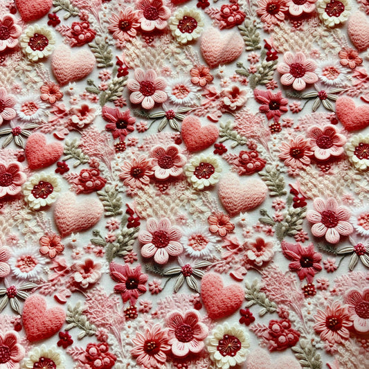 Nature's Fabrics pink and white 3D floral and heart embroidered lace fabric.
