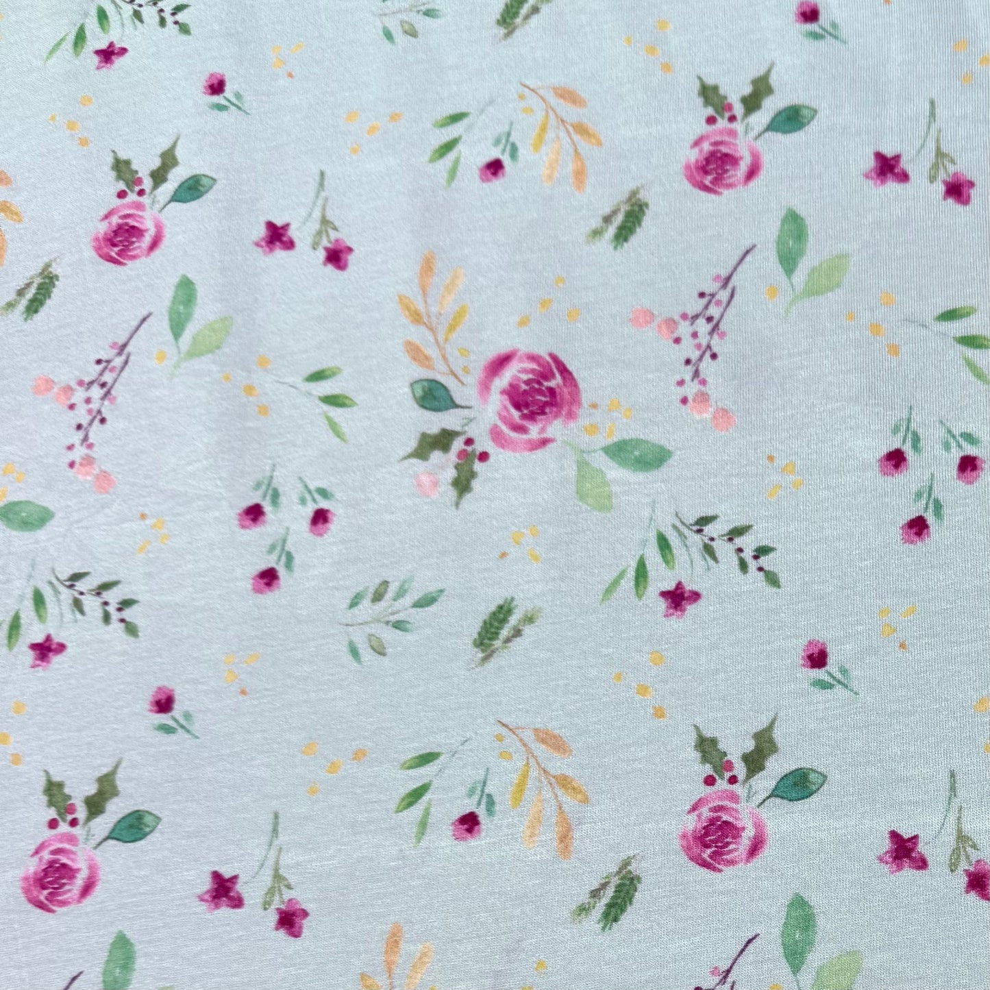 Winter Roses on Teal Bamboo/Spandex Jersey Fabric - Printed in the USA