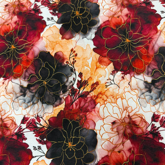 Autumn Watercolor Flowers on Bamboo/Spandex Jersey Fabric