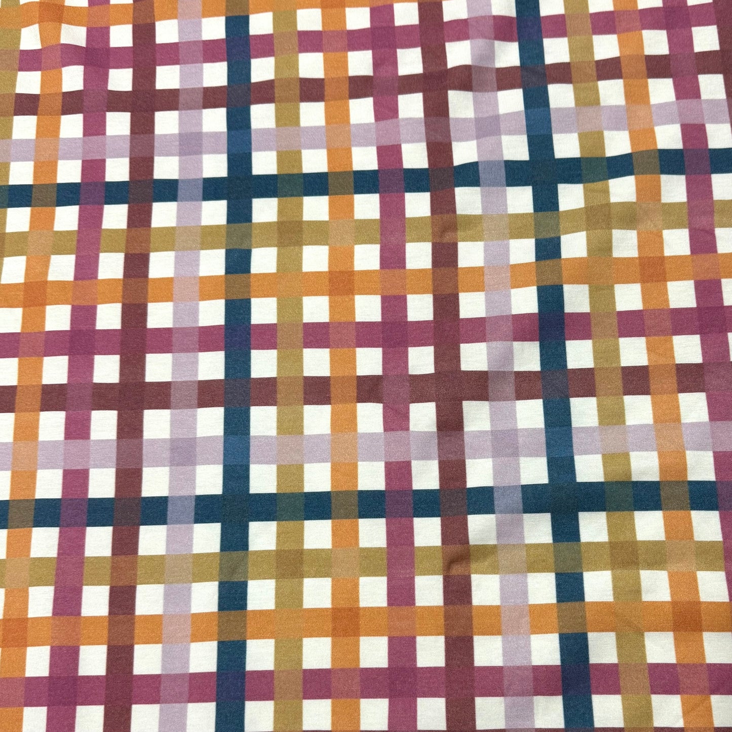 Teal, Tan and Rose Plaid on Bamboo/Spandex Jersey Fabric - 200GSM