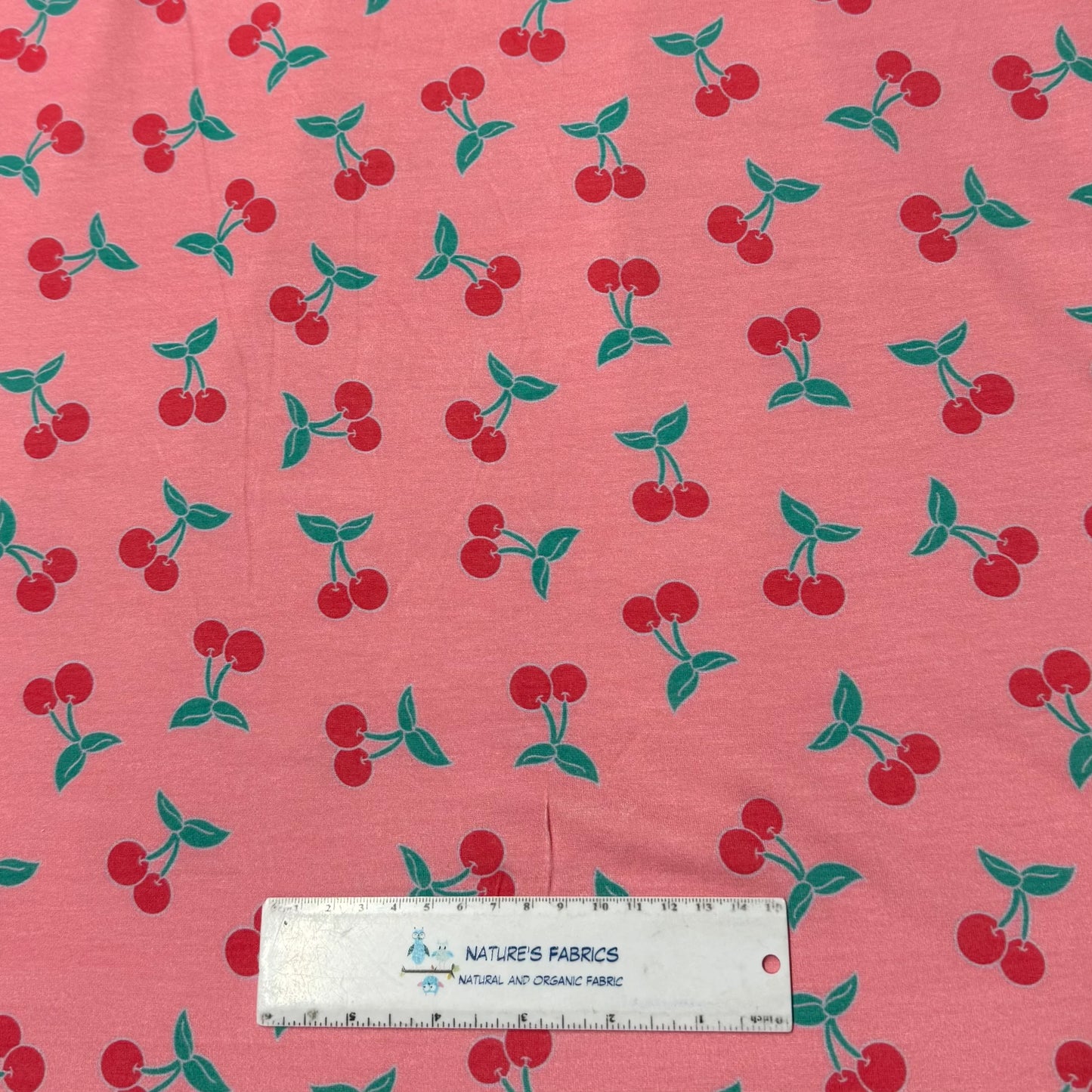 Cherries on Pink Bamboo/Spandex Jersey Fabric - Printed in the USA