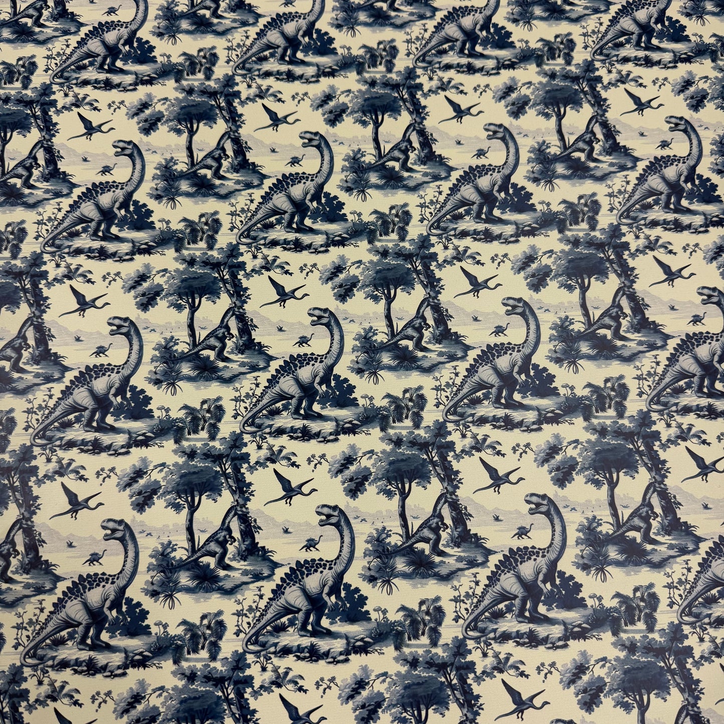 Blue Dino Toile on Smooth Vinyl Fabric