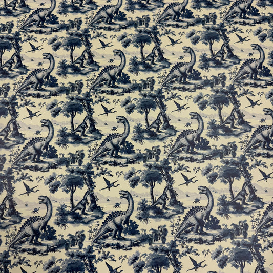 Nature's Fabrics blue and white toile fabric with dinosaur and prehistoric landscape pattern
