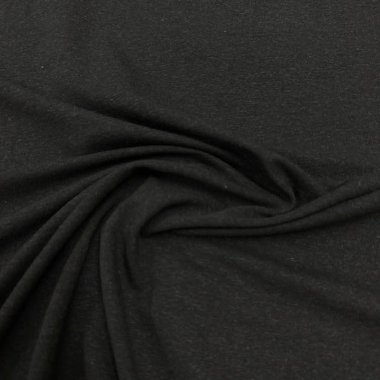 Black organic cotton jersey knit fabric with soft texture and subtle heathered detail