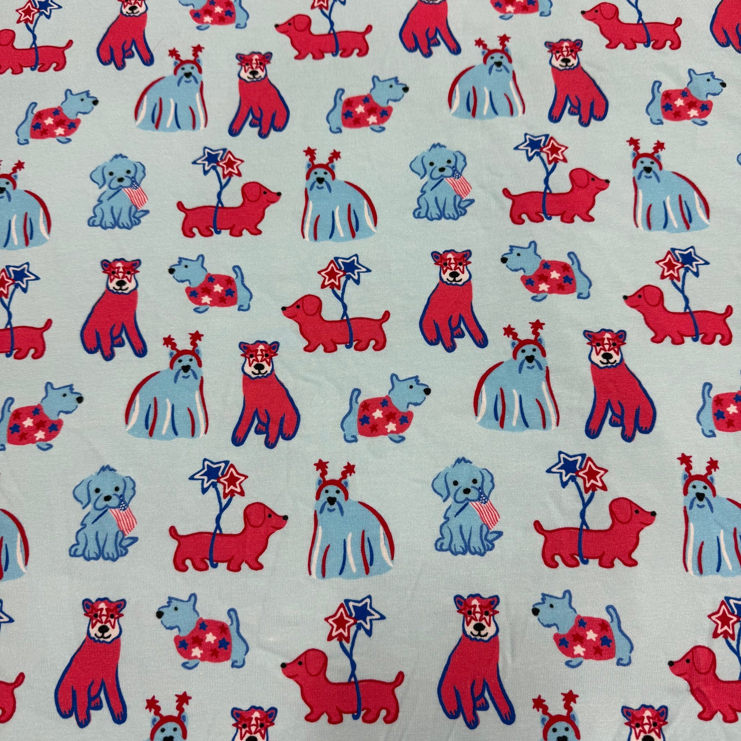 Patriotic Dogs on Blue Bamboo/Spandex Jersey Fabric - 200 GSM