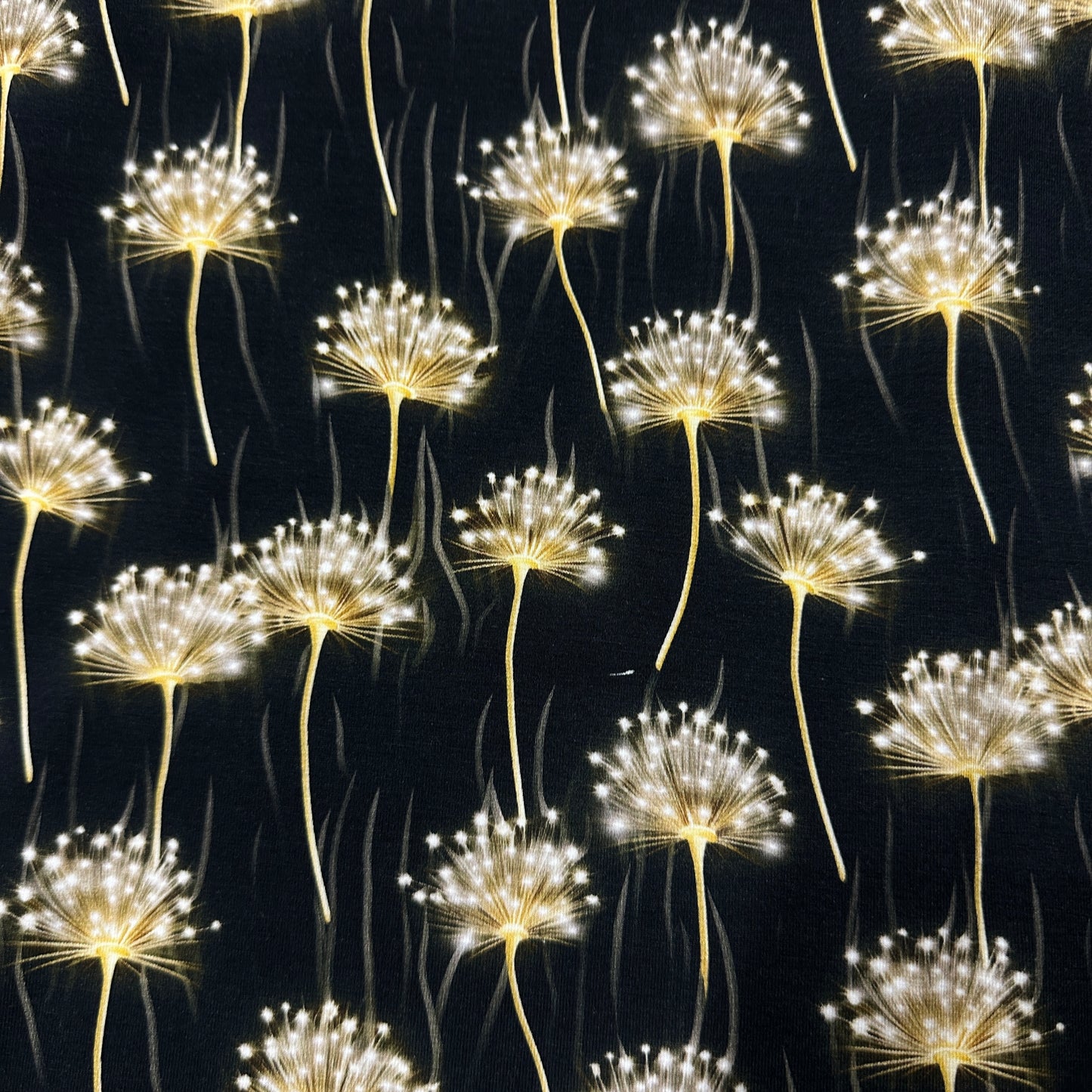 Dandelions on Black Bamboo/Spandex Jersey Fabric