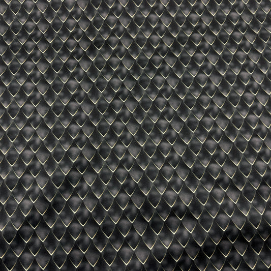 Nature's Fabrics dark grey scale-patterned fabric with a metallic sheen.