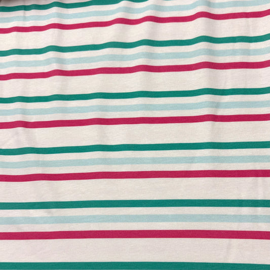 Nature's Fabrics white fabric with teal, light blue, and pink horizontal stripes.