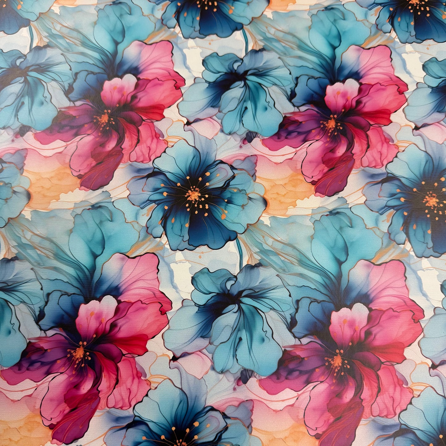 Magenta and Blue Flowers on Smooth Vinyl Fabric