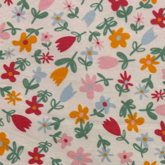 Coral Dainty Flowers on Off White Bamboo/Spandex Jersey Fabric - Printed in the USA