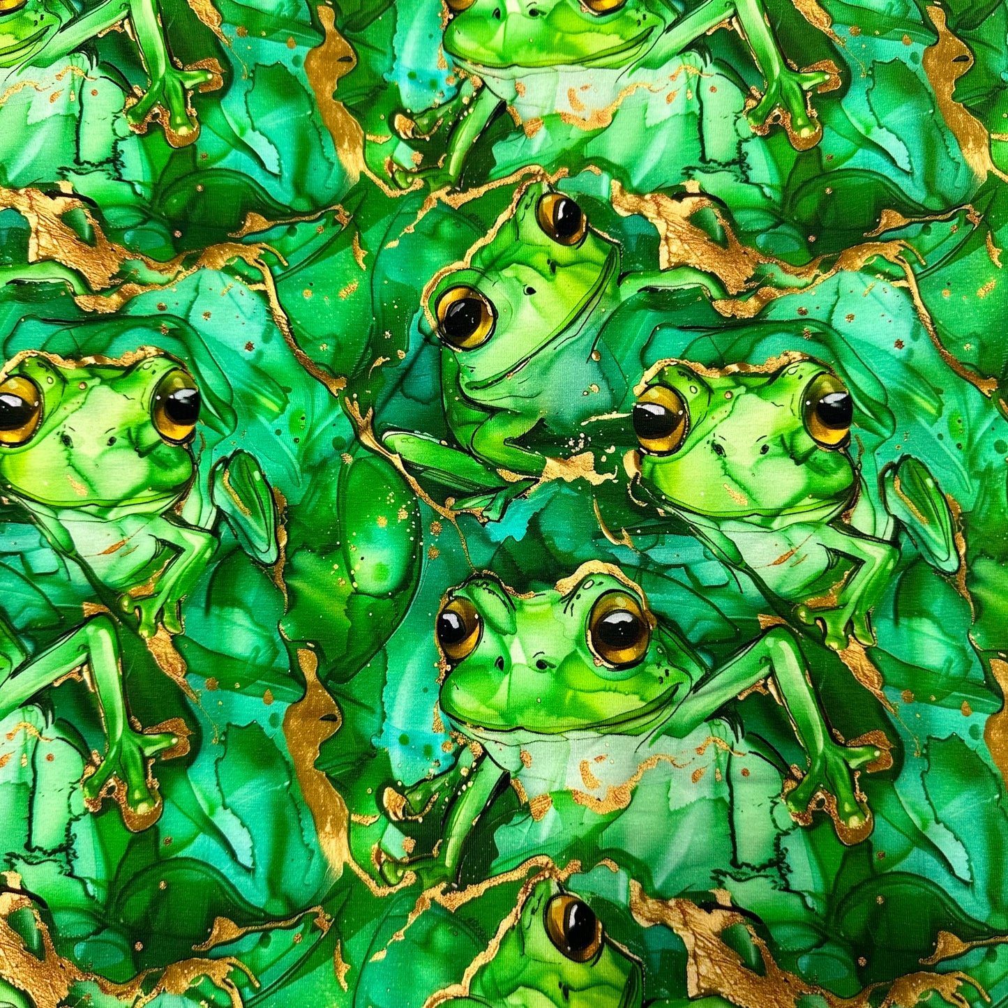 Green Tree Frogs Alcohol Ink on Organic Cotton/Spandex Jersey Fabric