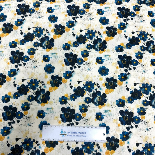 Nature's Fabrics organic cotton fabric with navy blue and yellow floral print