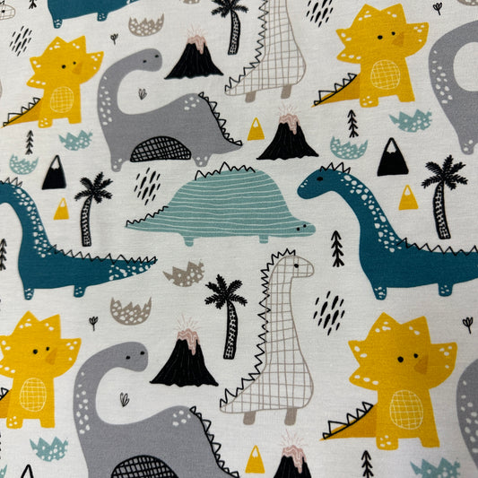 Teal and Gold Dino on Bamboo/Spandex Jersey Fabric