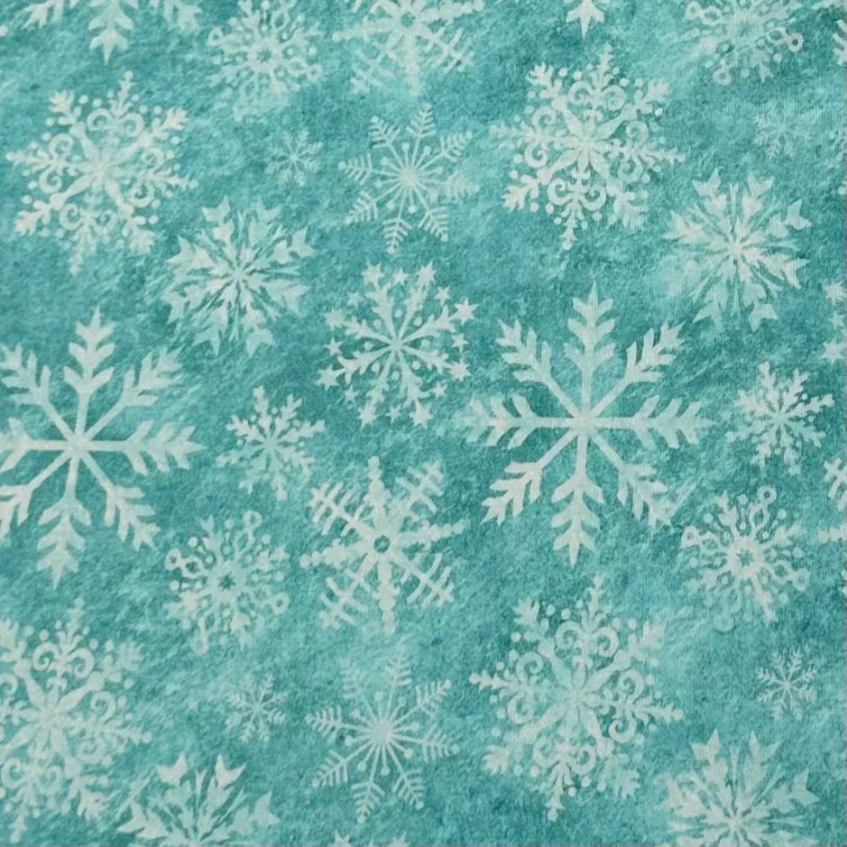 aqua fabric with white snowflake pattern, sustainable textile for apparel and crafts