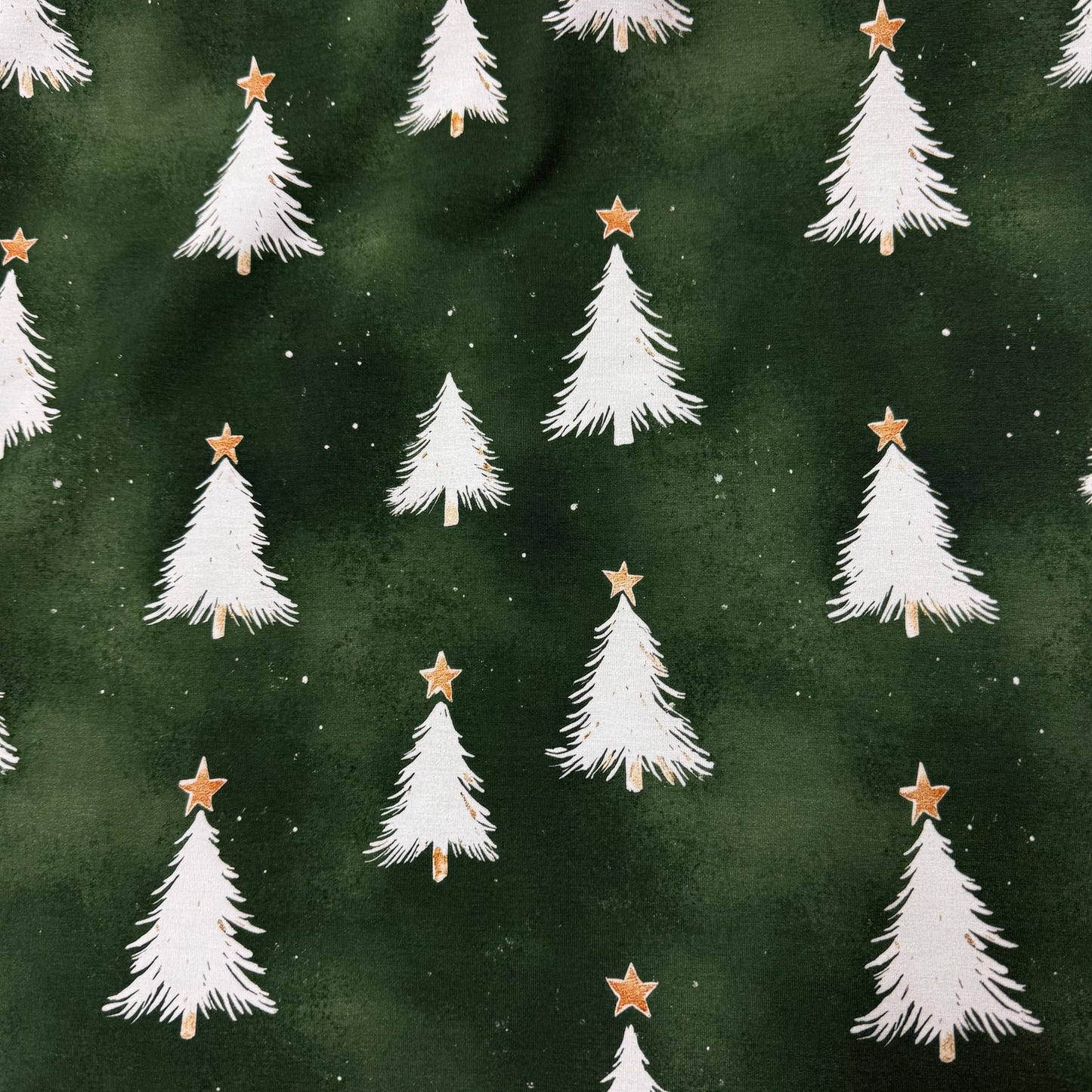White Christmas Trees on Green Bamboo/Spandex Jersey Fabric