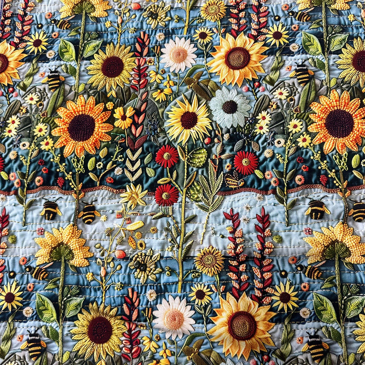 Nature's Fabrics sunflower & bee embroidered quilt fabric with vibrant floral pattern on blue background