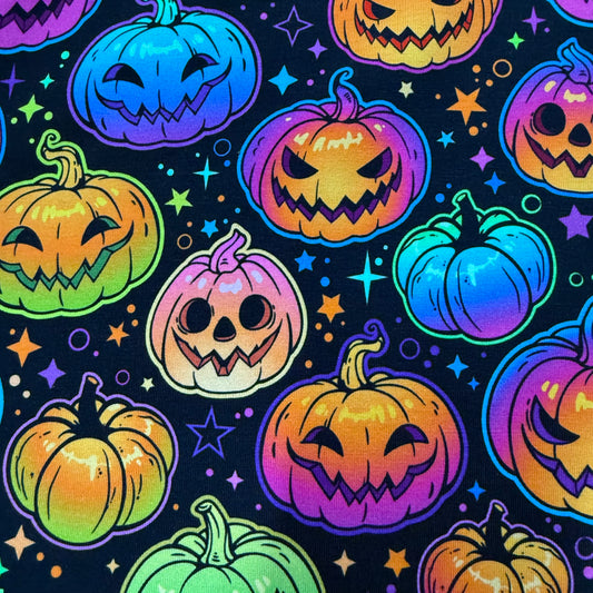 Rainbow Pumpkins and Stars on Organic Cotton/Spandex Jersey Fabric