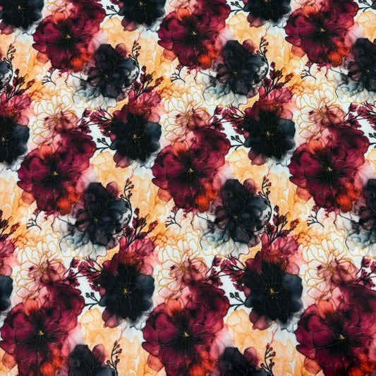 Nature's Fabrics premium floral print fabric with red and black watercolor peonies.