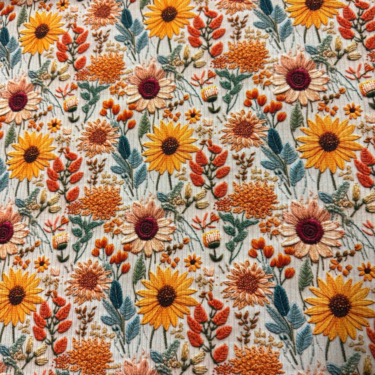Embroidered Sunflowers on Bamboo/Spandex Rib Knit Fabric