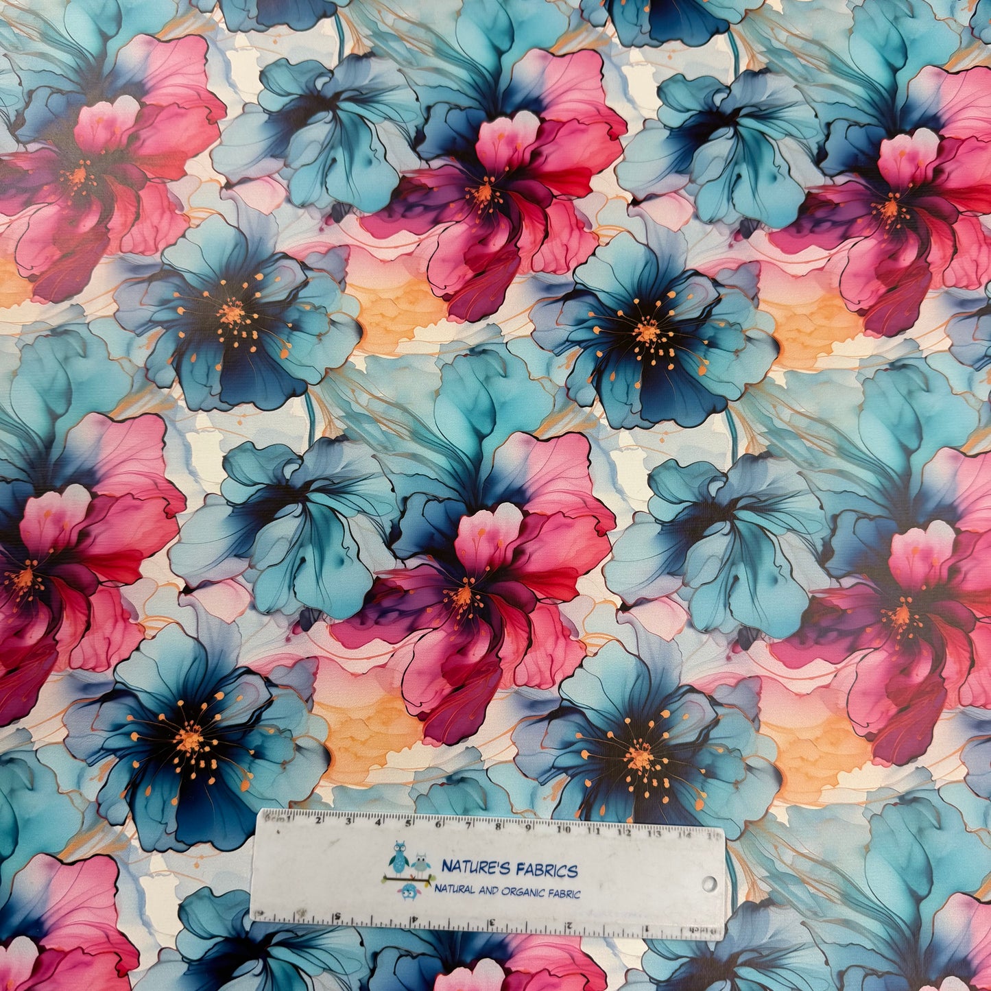 Magenta and Blue Flowers on Smooth Vinyl Fabric