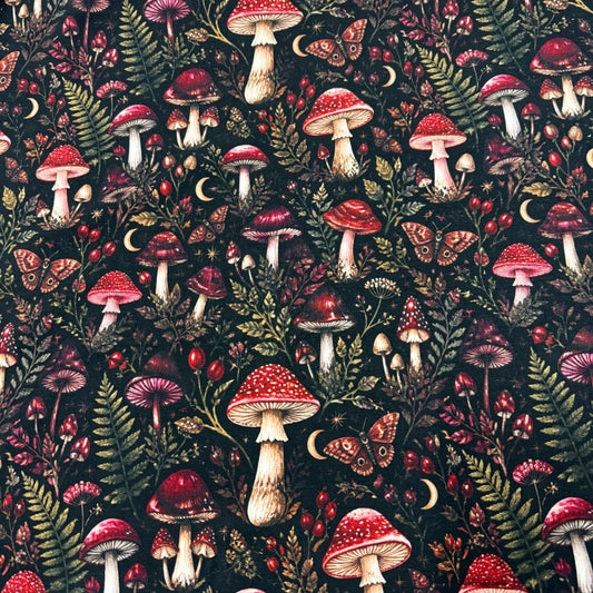 Nature's Fabrics woodland mushroom and fern pattern on dark fabric
