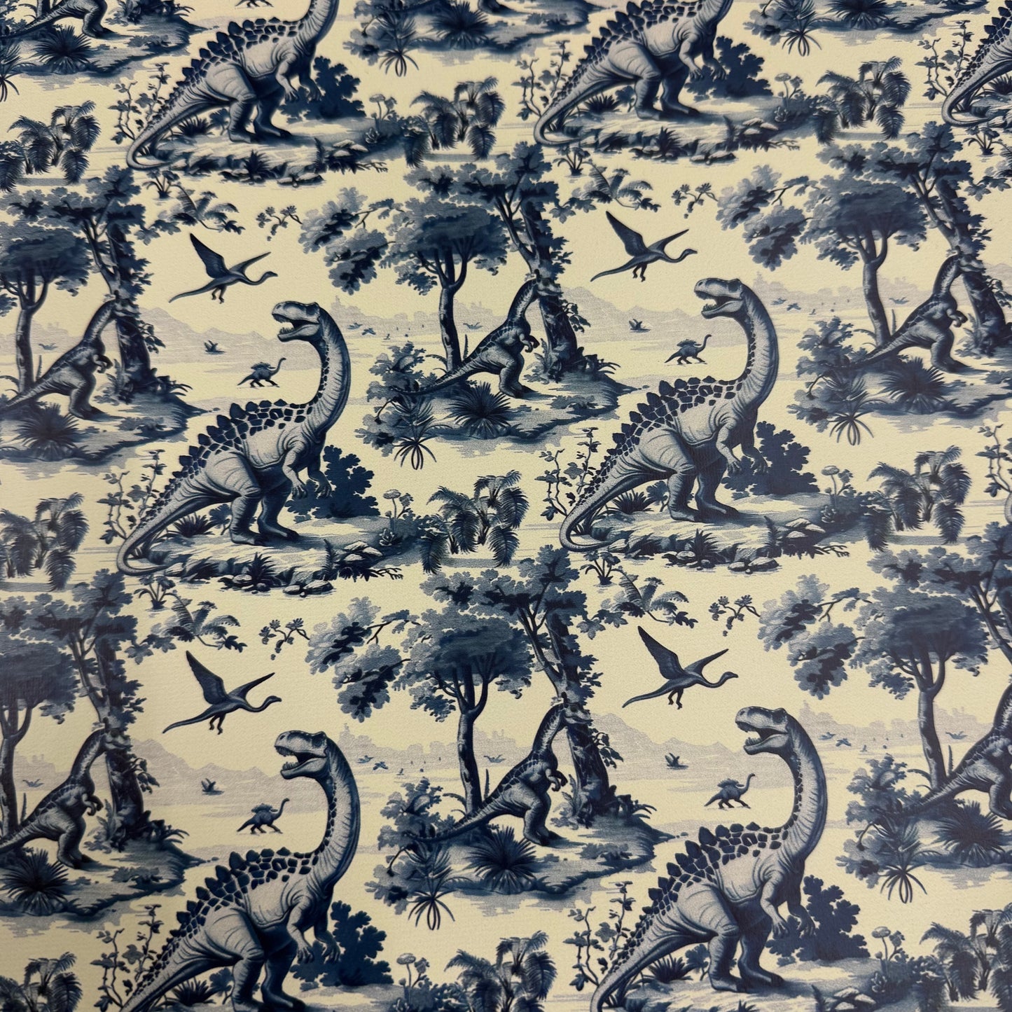 Blue Dino Toile on Smooth Vinyl Fabric