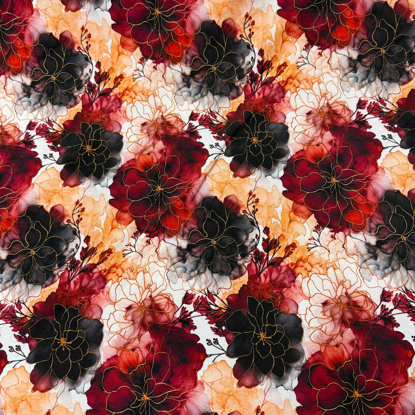 Autumn Watercolor Flowers on Bamboo/Spandex Jersey Fabric