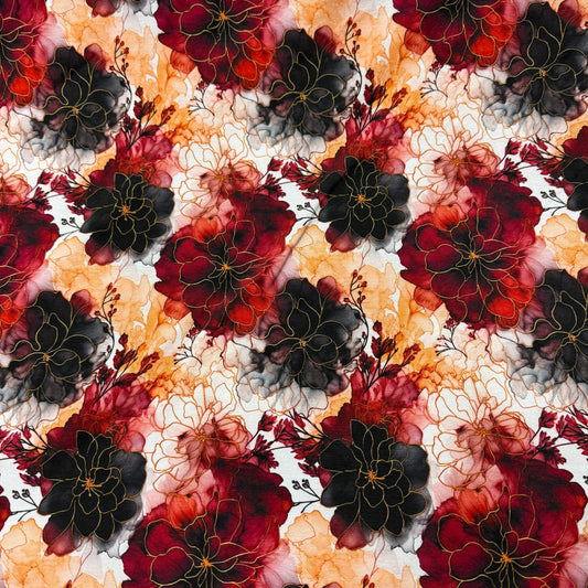 Nature's Fabrics: Red, black, and gold floral print on natural fabric, watercolor style
