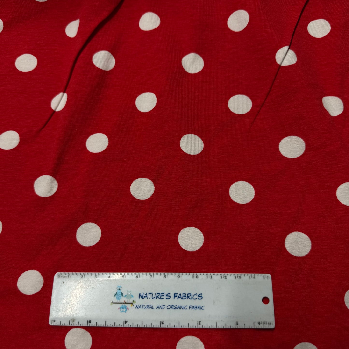 White Dots on Red Cotton/Spandex Jersey Fabric