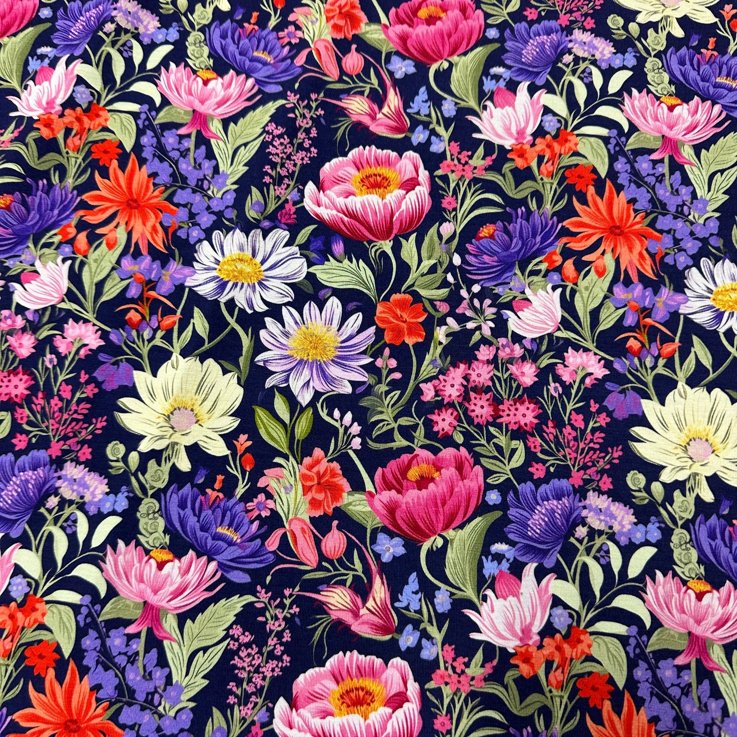 Pink and Purple Flowers on Bamboo/Spandex Jersey Fabric