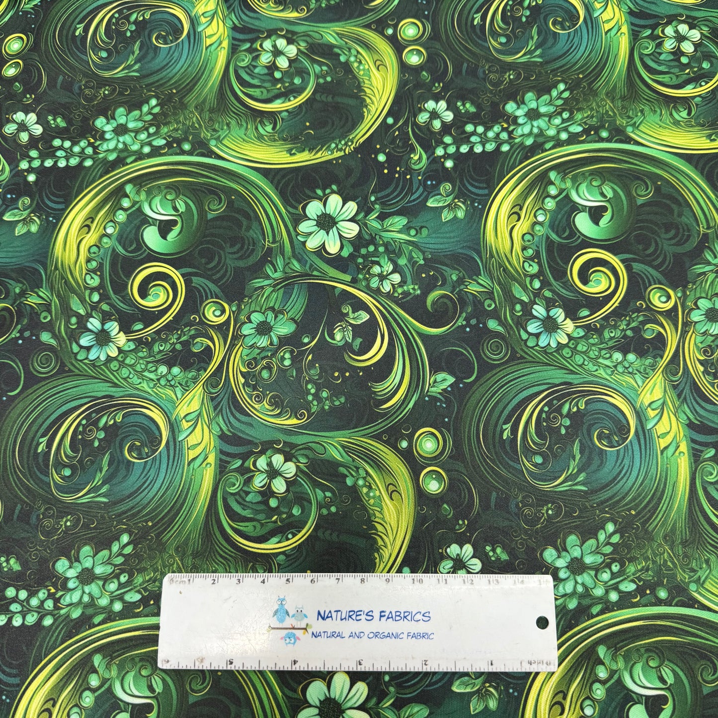 Green Floral Swirl on 1 mil PUL Fabric
