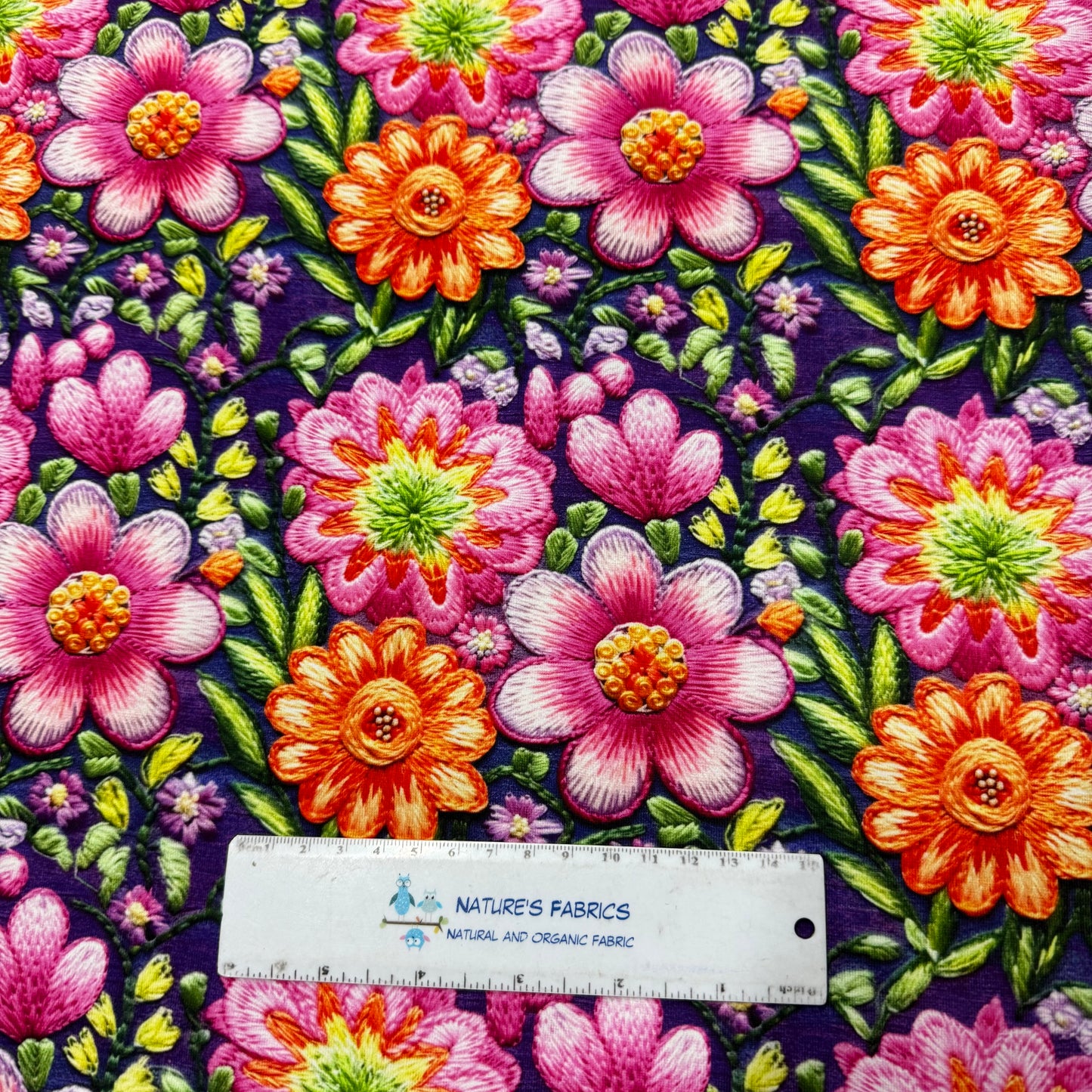 Embroidered Pink Floral on Organic Cotton/Spandex Jersey Fabric