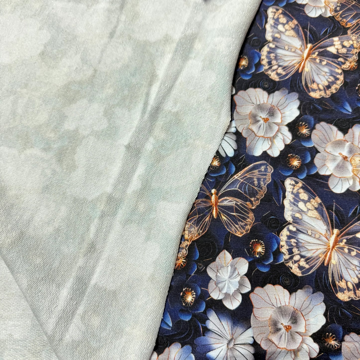 Gold Butterflies on Navy Bamboo Stretch French Terry Fabric