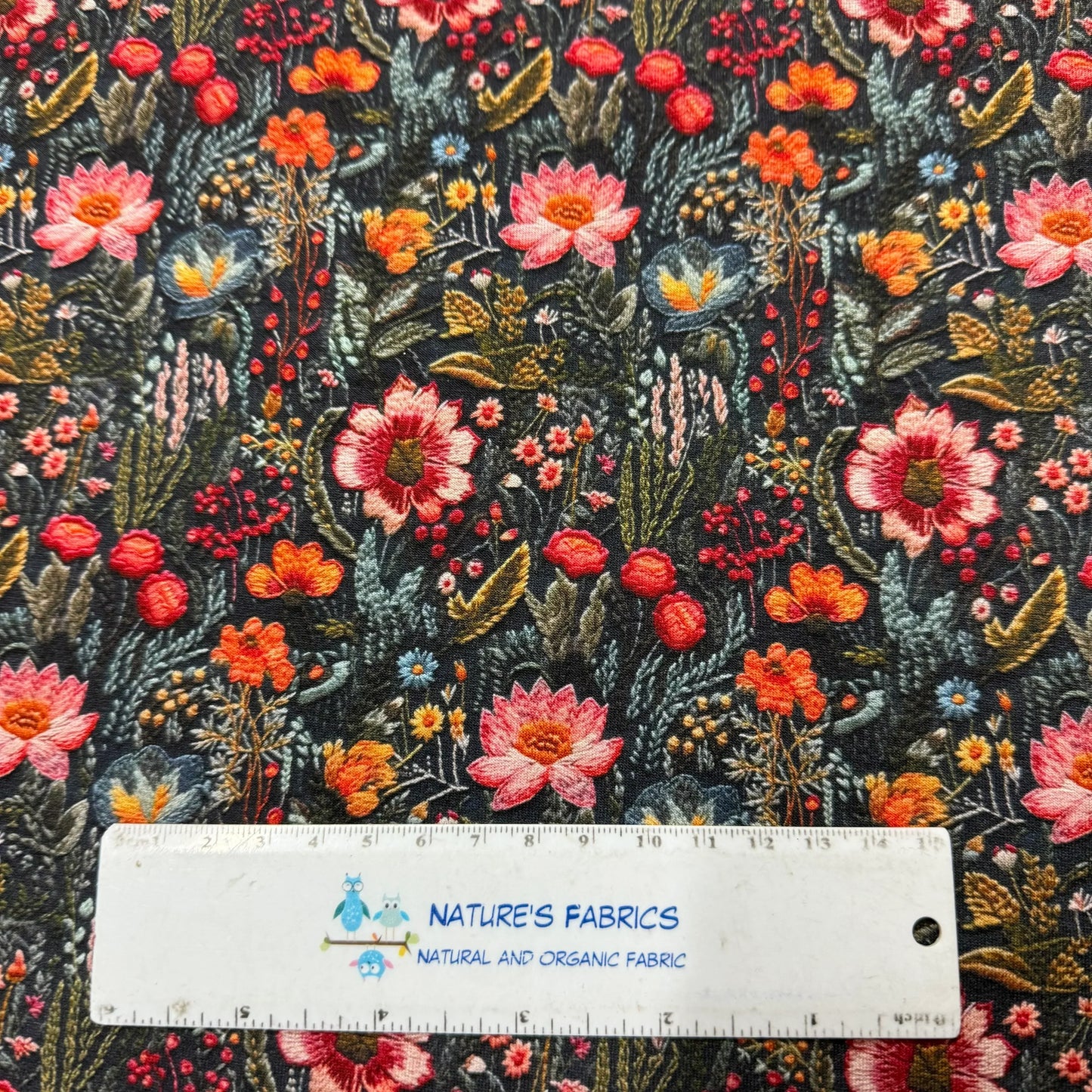 Embroidered Flower Garden on Bamboo Stretch French Terry Fabric