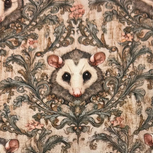 Adorable opossum on vintage floral fabric by Nature's Fabrics — organic cotton, eco-friendly textile