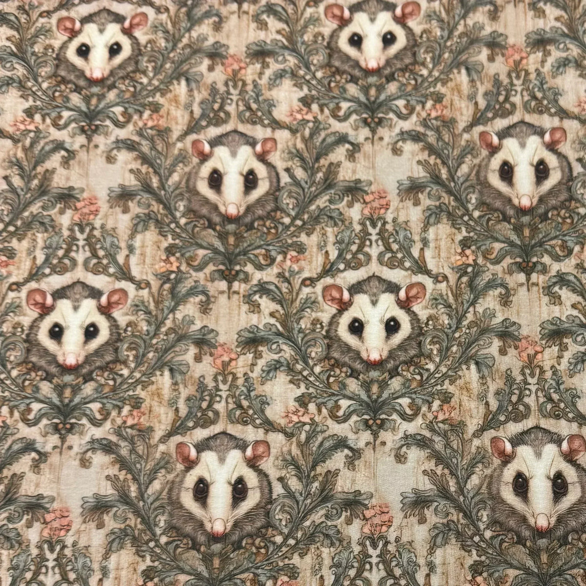 Opossum print fabric with vintage floral pattern by Nature's Fabrics