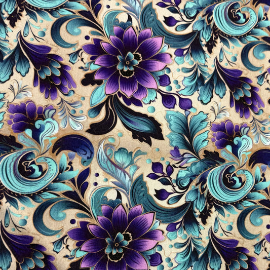 Nature's Fabrics premium fabric featuring purple flowers and teal paisley floral patterns.