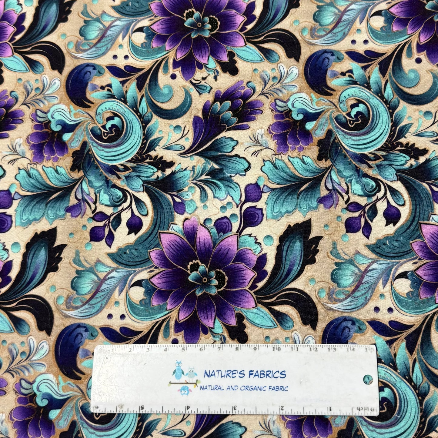 Purple and Aqua Floral on Cream Organic Cotton Stretch French Terry Fabric