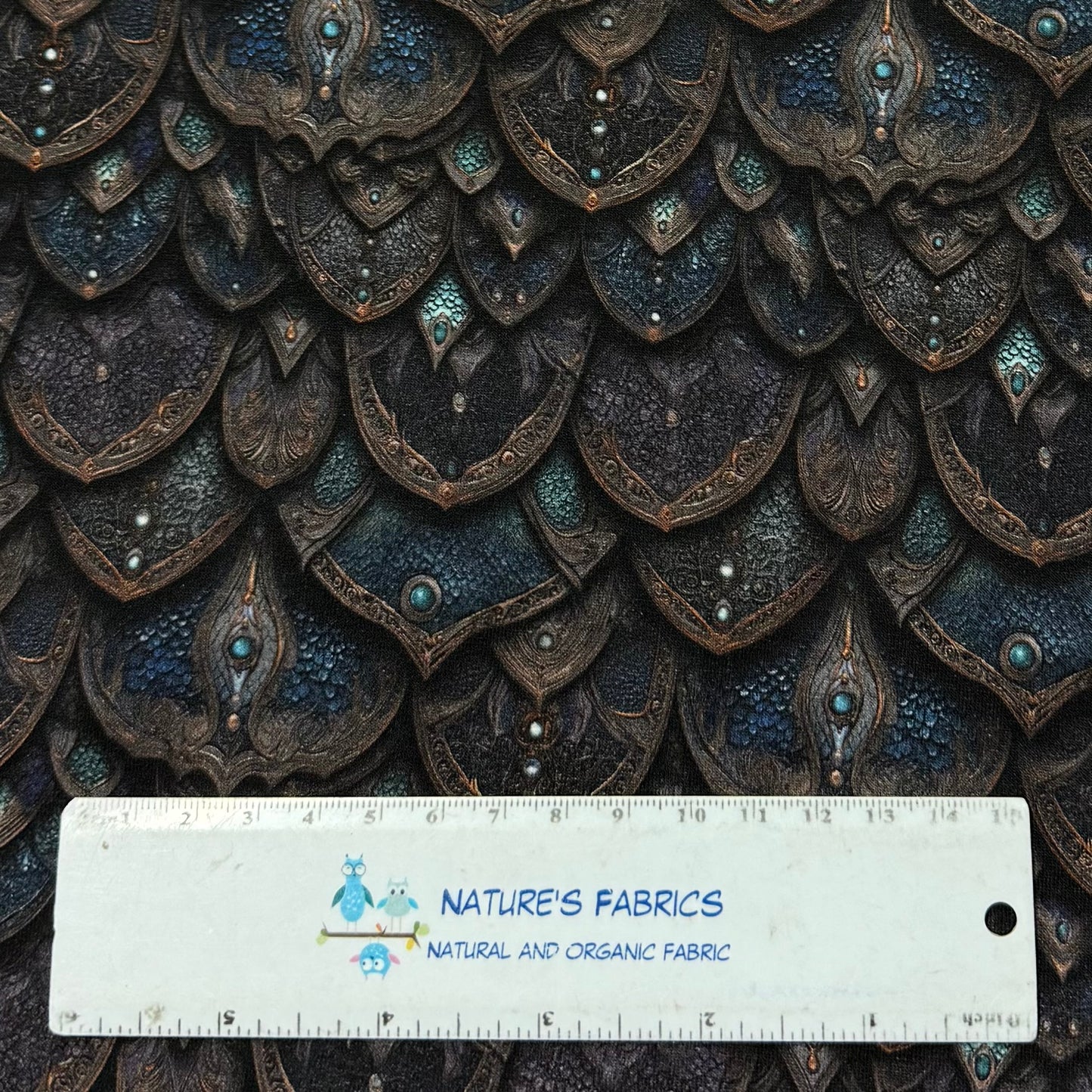 Teal Metal Scales on Bamboo Stretch French Terry Fabric