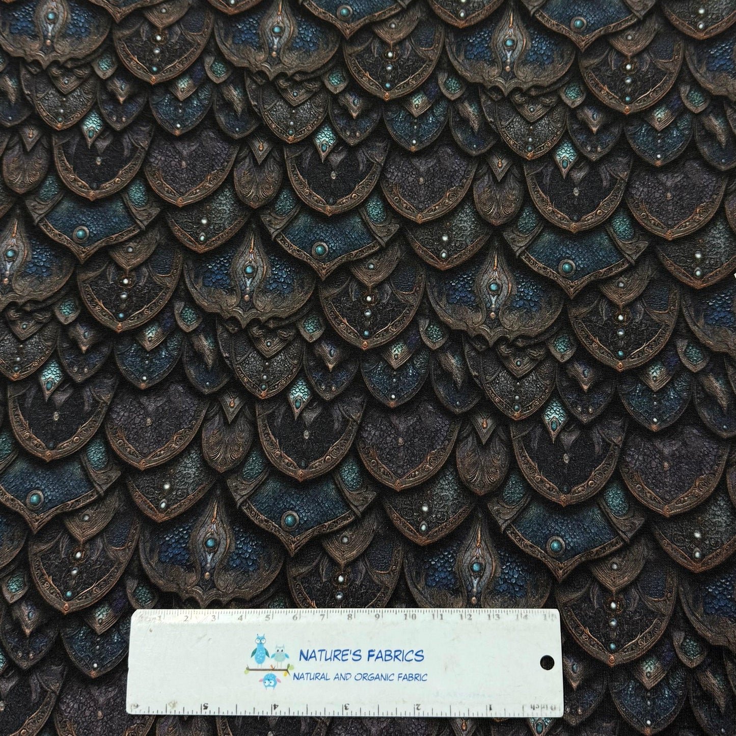 Teal Metal Scales on Organic Cotton Stretch French Terry Fabric