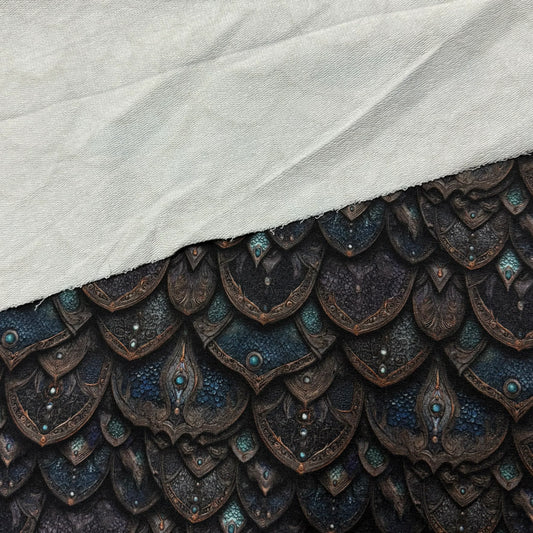 Dragon scale print fabric by Nature's Fabrics, dark blue and bronze fantasy textile for costumes or decor