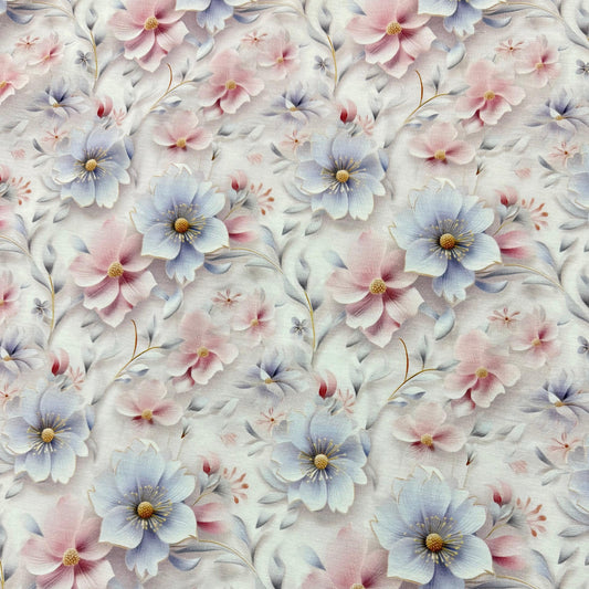 Nature's Fabrics premium fabric with a vintage floral pattern in soft blue and pink tones.