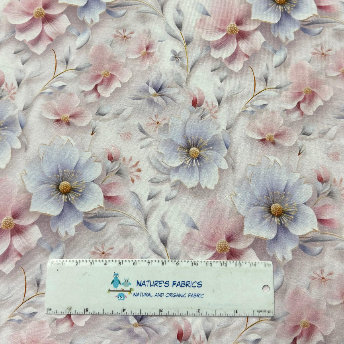 Nature's Fabrics floral print fabric with pink and blue flowers, organic cotton by the yard