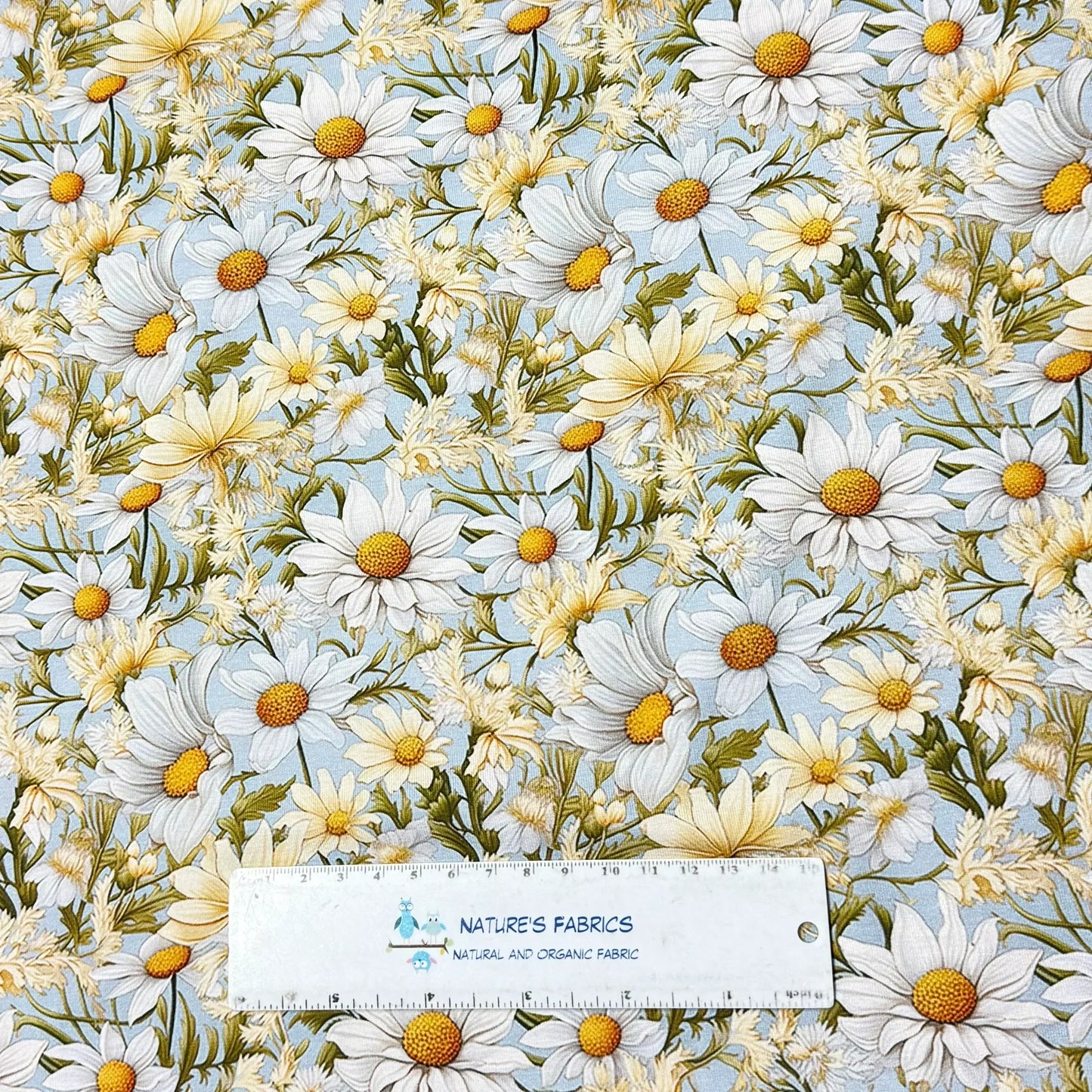 Daisies on Light Blue Organic Cotton/Spandex Jersey Fabric